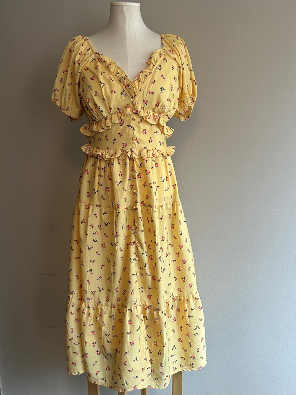 Yellow Floral Ruffle Midi Dress